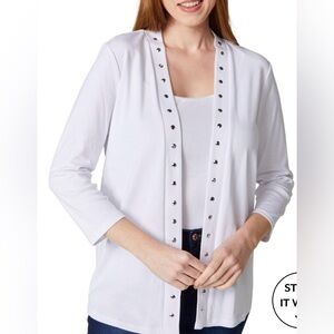 NWT gorgeous Rafaella® 3/4 Sleeve Jewel Heat Set Trim Cardigan in white, sz L